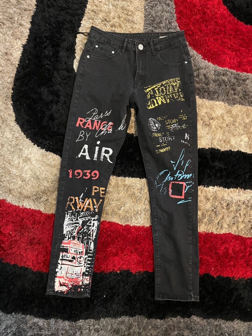 Black Graphic Slim Fit Men’s Jeans with Multicolor Prints size 30 graffiti Y2K